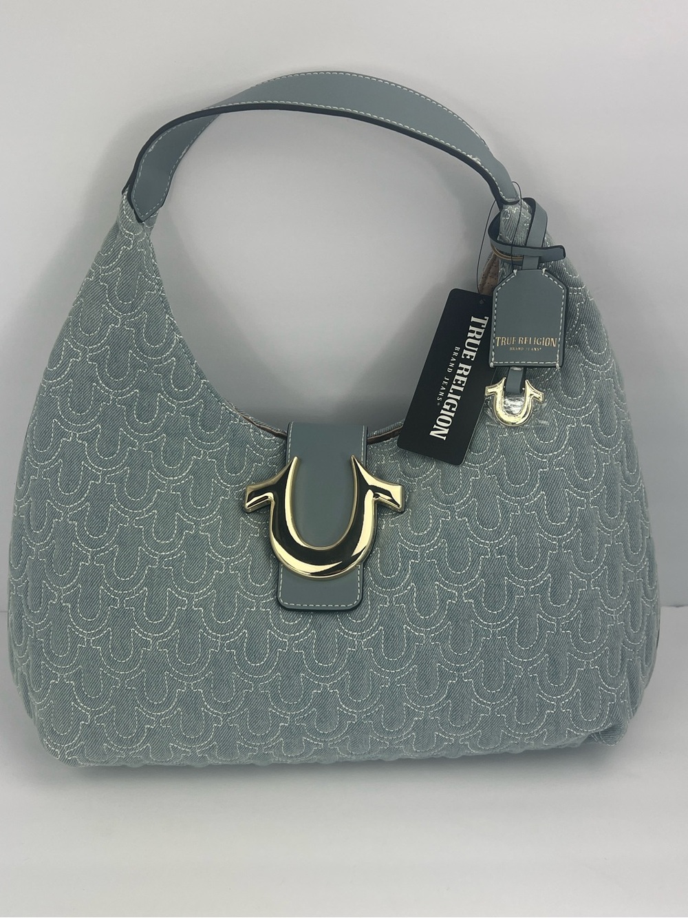 TRUE RELIGION QUILTED HORSESHOE LARGE DENIM HOBO, 50% COTTON, 50% Polyester